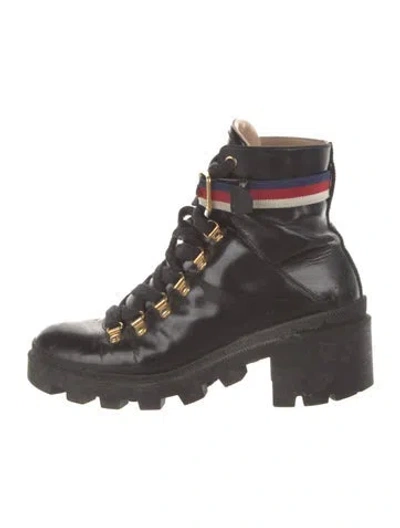 Pre-owned Gucci Sylvie Web Accent Leather Combat Boots In Black