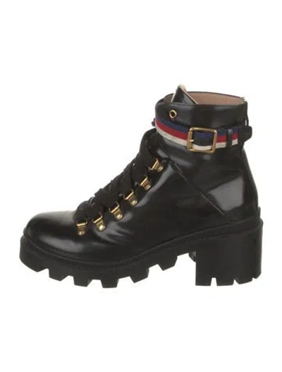 Pre-owned Gucci Sylvie Web Accent Leather Combat Boots In Black