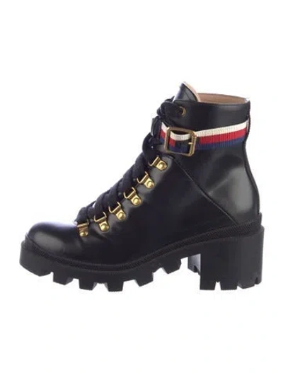 Pre-owned Gucci Sylvie Web Accent Leather Combat Boots In Blue
