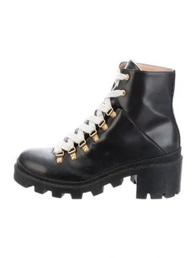 Pre-owned Gucci Sylvie Web Accent Leather Combat Boots In Blue