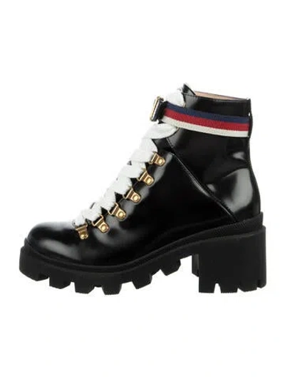 Pre-owned Gucci Sylvie Web Accent Leather Combat Boots In Multi