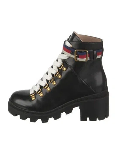 Pre-owned Gucci Sylvie Web Accent Leather Combat Boots W/ Tags In Black