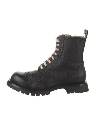 Pre-owned Gucci Sylvie Web Accent Leather Combat Boots W/ Tags In Black