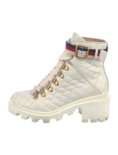 Pre-owned Gucci Sylvie Web Accent Leather Combat Boots In White