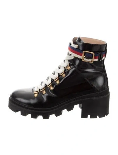 Pre-owned Gucci Sylvie Web Accent Leather Hiking Boots In Black