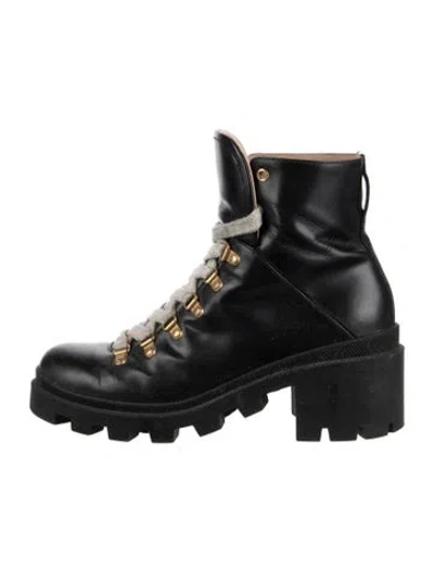 Pre-owned Gucci Sylvie Web Accent Leather Hiking Boots In Black