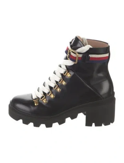 Pre-owned Gucci Sylvie Web Accent Leather Lace-up Boots In Black