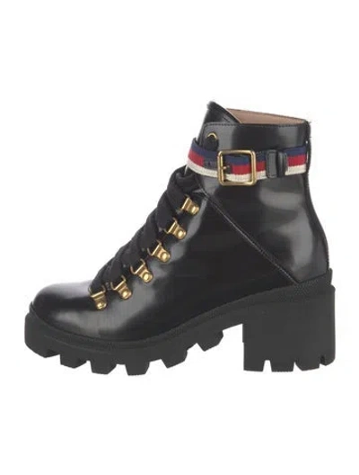 Pre-owned Gucci Sylvie Web Accent Leather Lace-up Boots In Black
