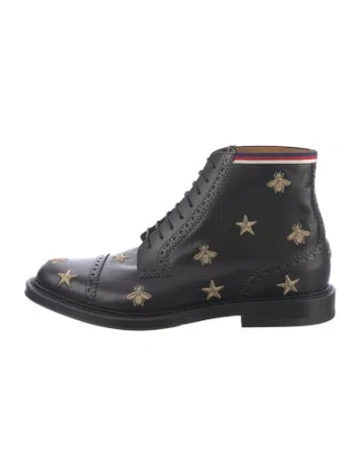 Pre-owned Gucci Sylvie Web Accent Leather Lace-up Boots W/ Tags In Black