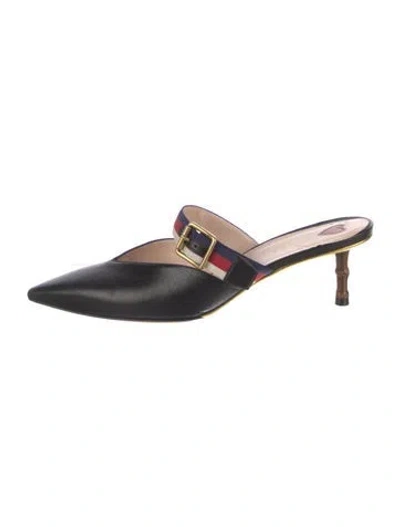 Pre-owned Gucci Sylvie Web Accent Leather Mules In Black