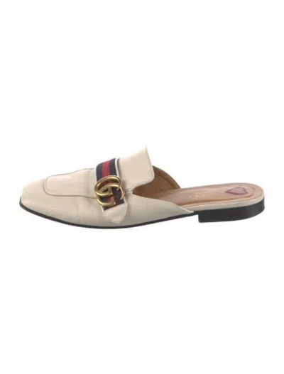 Pre-owned Gucci Sylvie Web Accent Leather Mules In Neutral