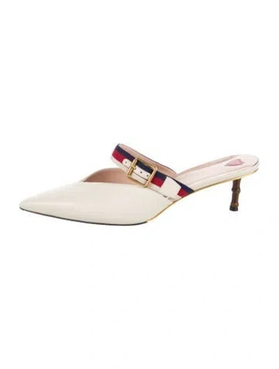 Pre-owned Gucci Sylvie Web Accent Leather Mules In White