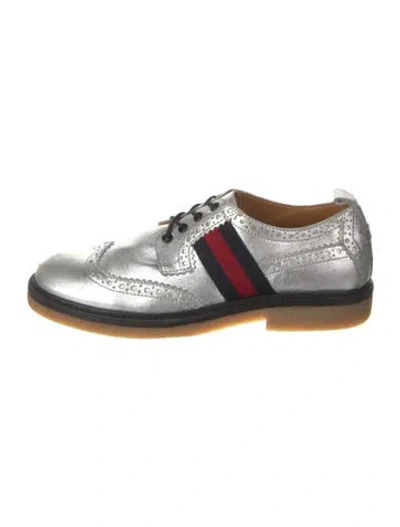 Pre-owned Gucci Sylvie Web Accent Leather Oxfords In Silver