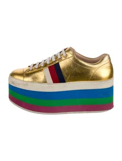 Pre-owned Gucci Sylvie Web Accent Leather Wedge Sneakers