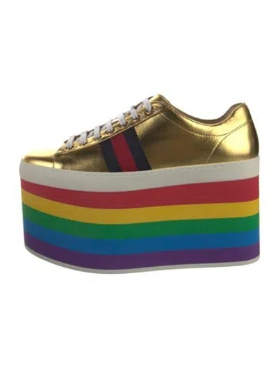 Pre-owned Gucci Sylvie Web Accent Leather Wedge Sneakers W/ Tags In Gold