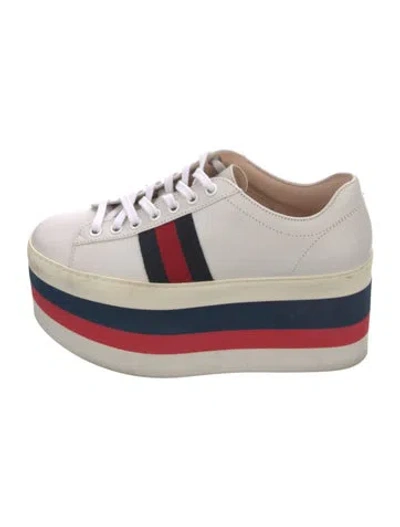 Pre-owned Gucci Sylvie Web Accent Leather Wedge Sneakers In White