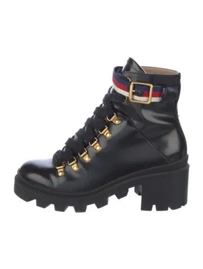 Pre-owned Gucci Sylvie Web Accent Patent Leather Combat Boots In Black