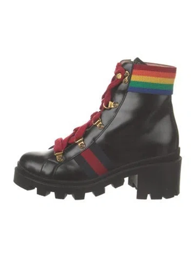 Pre-owned Gucci Sylvie Web Accent Patent Leather Combat Boots In Black