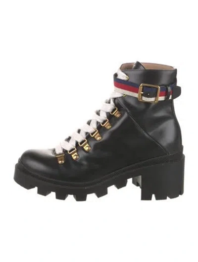 Pre-owned Gucci Sylvie Web Accent Patent Leather Combat Boots In Black
