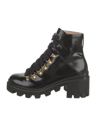 Pre-owned Gucci Sylvie Web Accent Patent Leather Combat Boots In Black