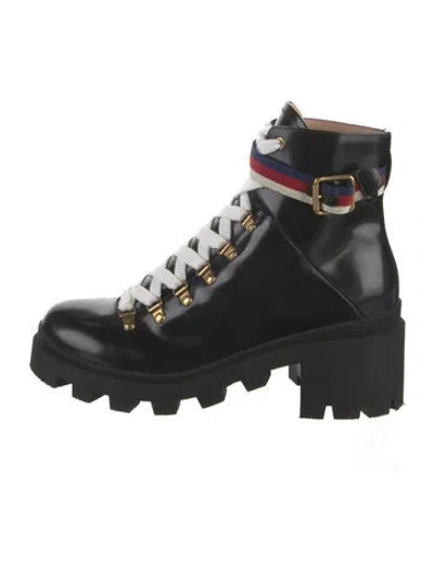 Pre-owned Gucci Sylvie Web Accent Patent Leather Hiking Boots In Black