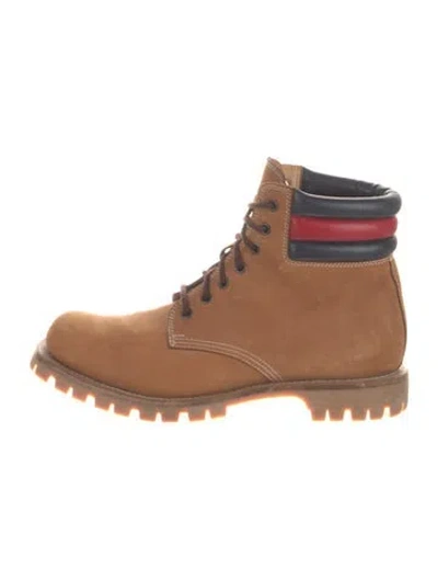 Pre-owned Gucci Sylvie Web Accent Suede Hiking Boots In Brown