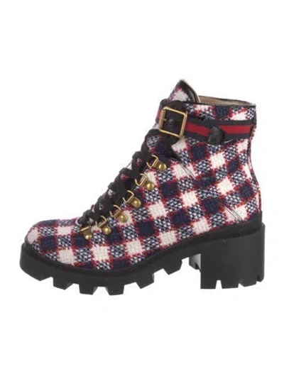Pre-owned Gucci Sylvie Web Accent Tweed Lace-up Boots In Red
