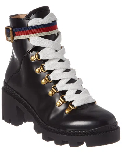 Gucci Sylvie Web Leather Bootie In Black