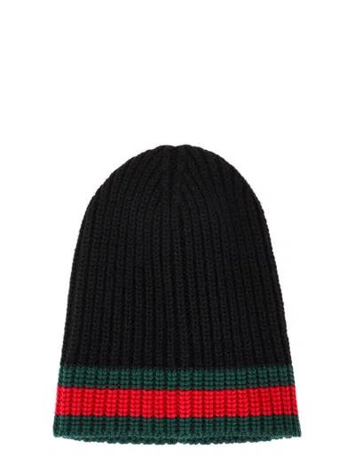 Gucci Sylvie Web Ribbed Knit Beanie In Black