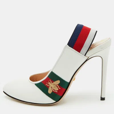 Pre-owned Gucci Sylvie Web Size 37 White Leather Pointed Toe Slingback Pumps