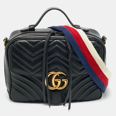 Pre-owned Gucci Sylvie Web Small Black Matelassé Leather Gg Marmont Top Handle Bag