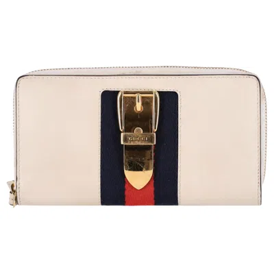 Pre-owned Gucci Sylvie Web Stripe Leather Wallet In Sand