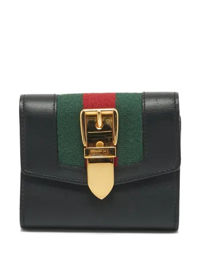 Pre-owned Gucci Sylvie Web Stripe Trifold Wallet In Black