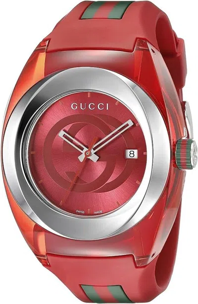 Pre-owned Gucci Sync Xxl Ya137103 Men's Red Dial Transparent Case Rubber Strap Watch