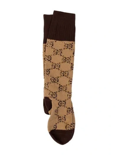 Pre-owned Gucci Synthetic-blend Gg Supreme Crystal Emblem Socks W/tags In Brown