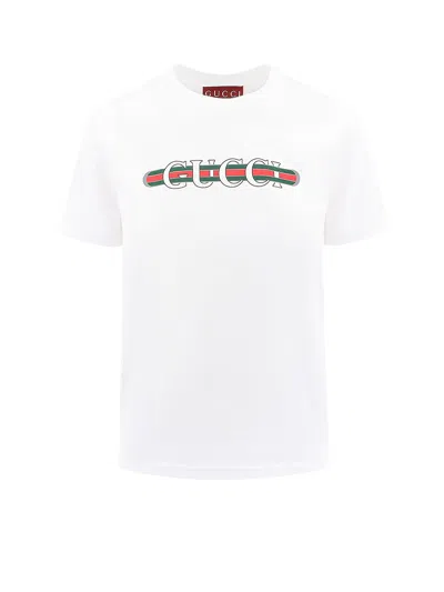 Gucci Women White Crewneck T-shirt Wth Web Print With Logo Lettering On The Front In Cotton Woman