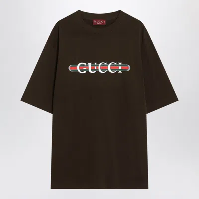 Gucci T-shirt With Logo Print In Brown