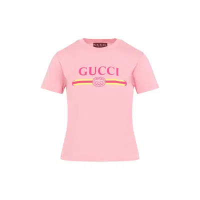 Gucci Women Pink Crewneck T-shirt With Logo Print On The Front In Cotton Woman