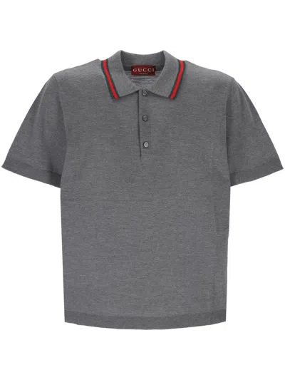 Gucci Grey Knit Web Polo Shirt In Gray