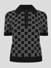 Gucci Black Polo Shirt With Ribbed Trims In Gg Canvas Woman In Multi