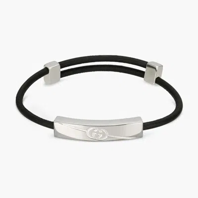 Gucci Tag Interlocking G Black Leather Bracelet - Yba774464002 In ["black","silver Tone"]