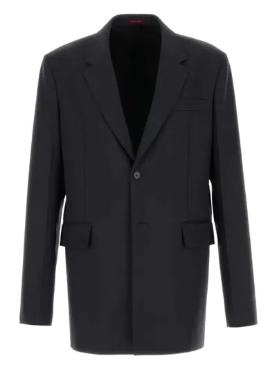 Gucci Men Dark Grey Jacket With Chest Pocket And Embossed Logo In Wool Gabardine Man In Blue
