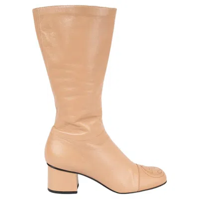 Pre-owned Gucci Tan Beige Leather Soho Gg Block Heel Mid Calf Boots Shoes 37 In Brown