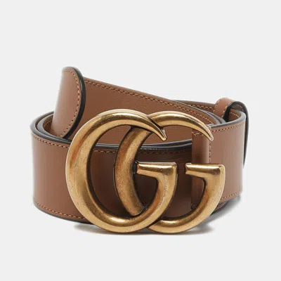 Pre-owned Gucci Tan Leather Gg Marmont Buckle Belt 70 Cm