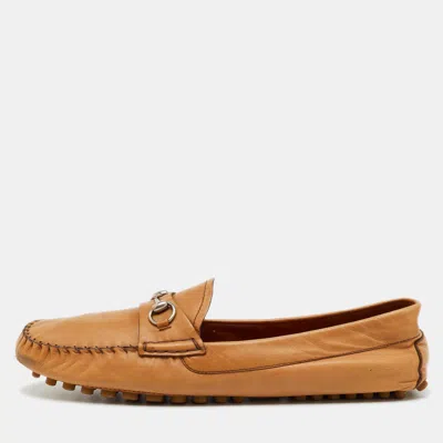 Pre-owned Gucci Tan Leather Horsebit Slip On Loafers Size 41.5 In Brown