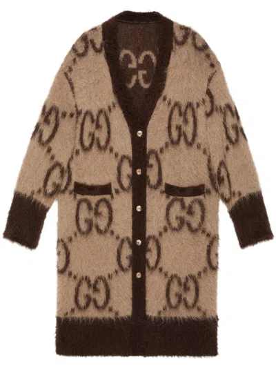 Gucci Gg-jacquard Brushed Cardi-coat In Beige/ebony