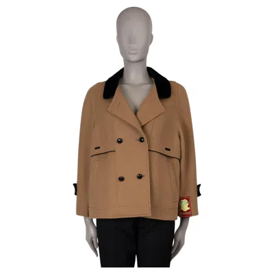 Pre-owned Gucci Tan Wool 2022 Rabbit Velvet Trim Peacoat Jacket 36 Xs In Brown