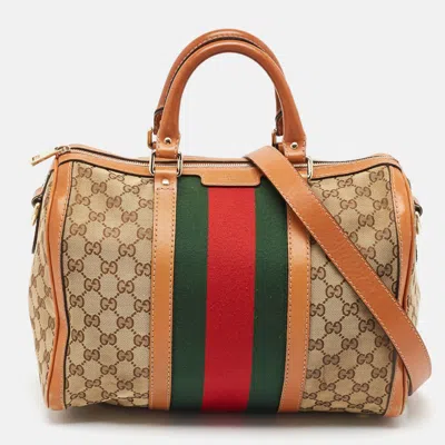 Pre-owned Gucci Tan/beige Gg Canvas Medium Vintage Web Boston Bag