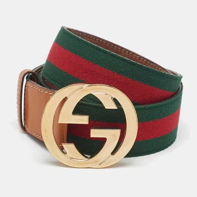 Pre-owned Gucci Tan/green Fabric And Leather Web Interlocking G Buckle Belt 85cm In Brown