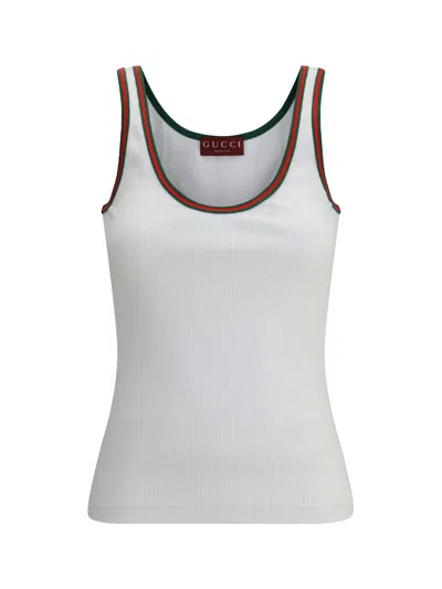 Gucci Women White Ribbed Top With Web Detail On The Edges In Cotton Woman